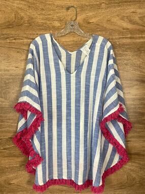 Mud Pie Poncho Swim Coverup One Size Blue White Striped Pink Fringe Cotton